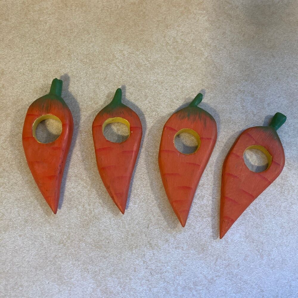 Carrot Napkin‎ Rings Hand Carved/Painted Folksy Whimsical Country Garden Party